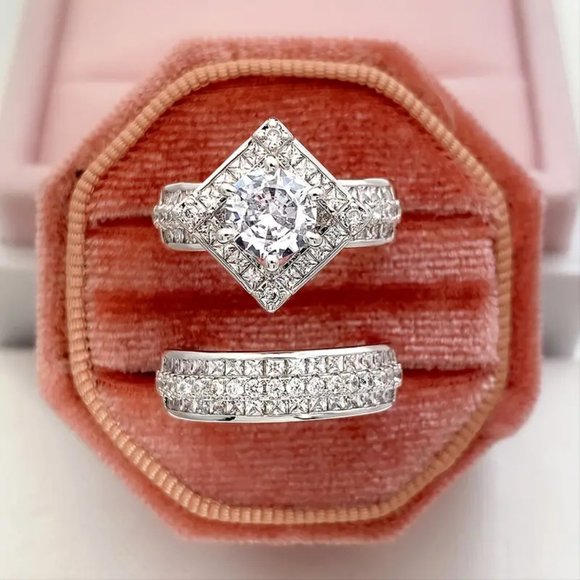 Fashion Silver 4A Zircon Square Engagement Wedding Rings 2pcs Ring Set - Picture 2 of 6